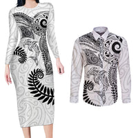 Aotearoa Maori Sea Animals Tribal Couples Matching Long Sleeve Bodycon Dress and Long Sleeve Button Shirt Manta Ray and Shark Moko Pattern White Color