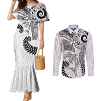 Aotearoa Maori Sea Animals Tribal Couples Matching Mermaid Dress and Long Sleeve Button Shirt Manta Ray and Shark Moko Pattern White Color