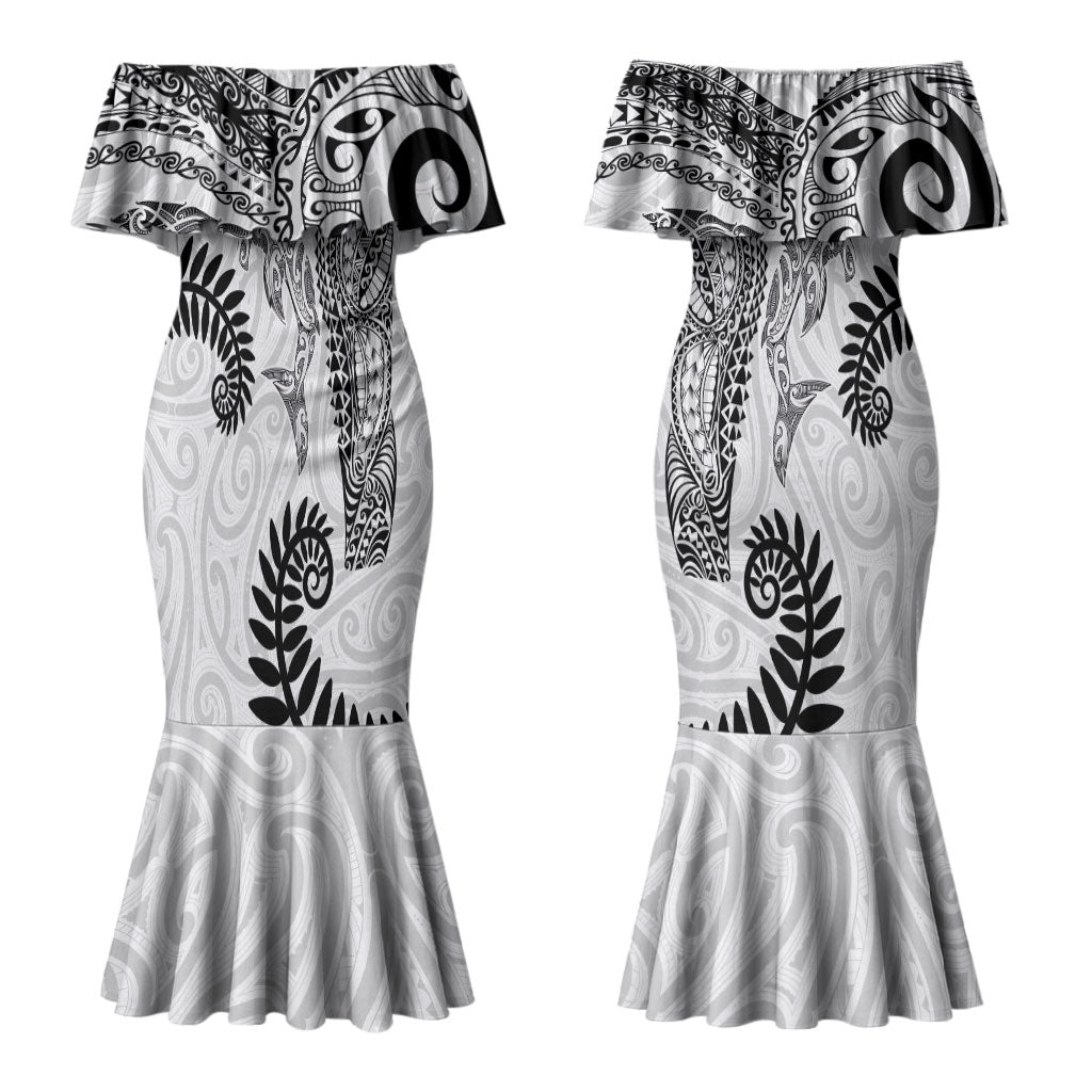 Aotearoa Maori Sea Animals Tribal Couples Matching Mermaid Dress and Long Sleeve Button Shirt Manta Ray and Shark Moko Pattern White Color LT03 - Polynesian Pride