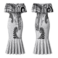 Aotearoa Maori Sea Animals Tribal Couples Matching Mermaid Dress and Long Sleeve Button Shirt Manta Ray and Shark Moko Pattern White Color LT03 - Polynesian Pride