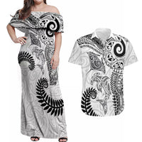 Aotearoa Maori Sea Animals Tribal Couples Matching Off Shoulder Maxi Dress and Hawaiian Shirt Manta Ray and Shark Moko Pattern White Color