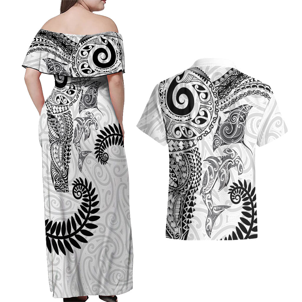 Aotearoa Maori Sea Animals Tribal Couples Matching Off Shoulder Maxi Dress and Hawaiian Shirt Manta Ray and Shark Moko Pattern White Color