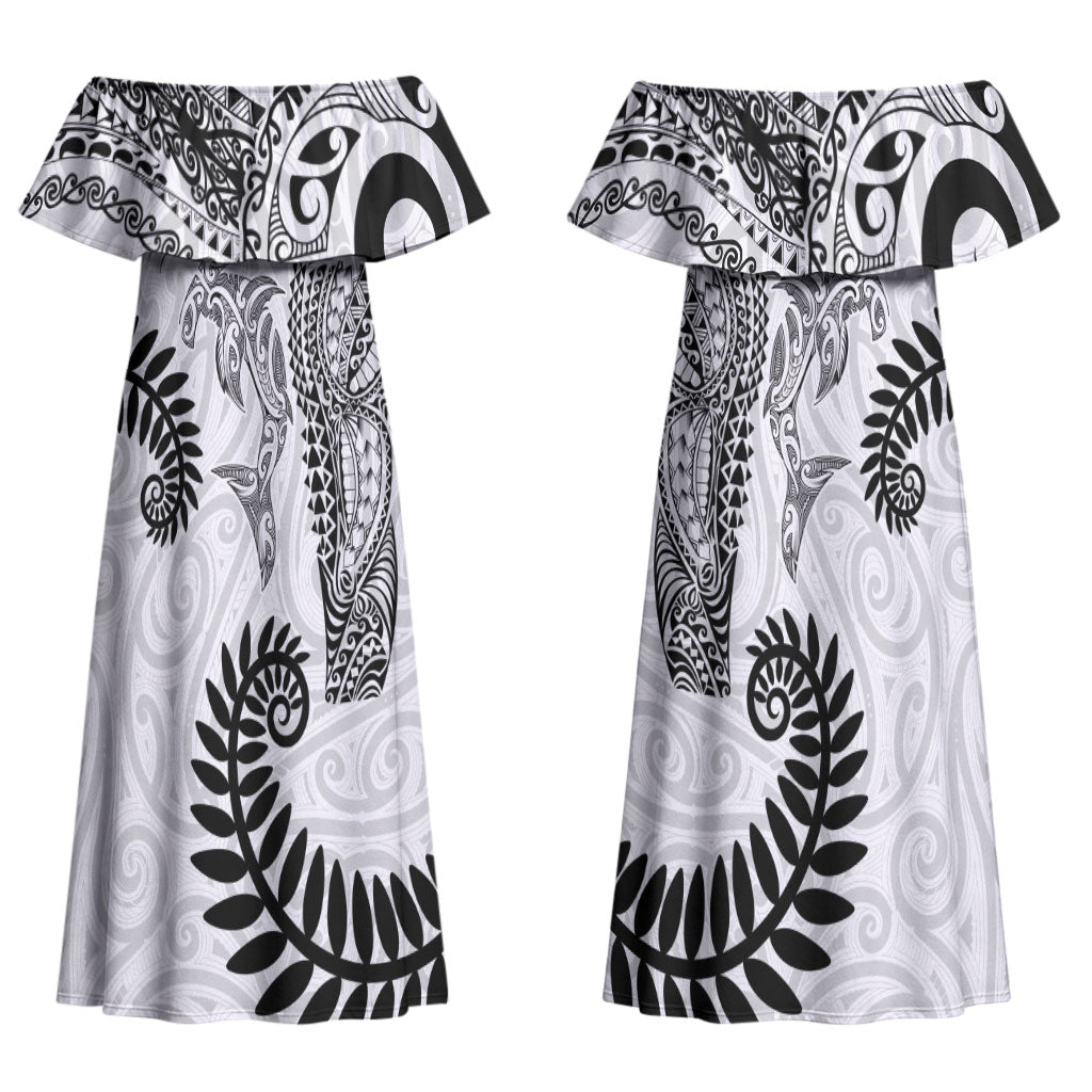 Aotearoa Maori Sea Animals Tribal Couples Matching Off Shoulder Maxi Dress and Hawaiian Shirt Manta Ray and Shark Moko Pattern White Color LT03 - Polynesian Pride