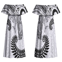 Aotearoa Maori Sea Animals Tribal Couples Matching Off Shoulder Maxi Dress and Hawaiian Shirt Manta Ray and Shark Moko Pattern White Color LT03 - Polynesian Pride