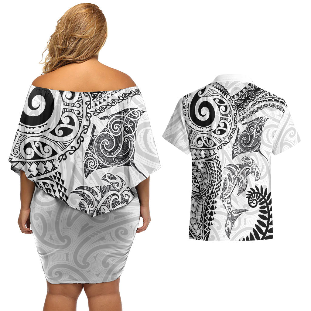 Aotearoa Maori Sea Animals Tribal Couples Matching Off Shoulder Short Dress and Hawaiian Shirt Manta Ray and Shark Moko Pattern White Color