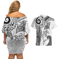Aotearoa Maori Sea Animals Tribal Couples Matching Off Shoulder Short Dress and Hawaiian Shirt Manta Ray and Shark Moko Pattern White Color