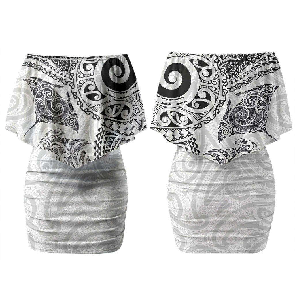 Aotearoa Maori Sea Animals Tribal Couples Matching Off Shoulder Short Dress and Long Sleeve Button Shirt Manta Ray and Shark Moko Pattern White Color LT03 - Polynesian Pride