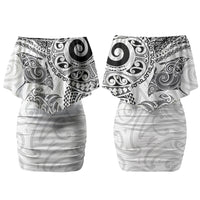 Aotearoa Maori Sea Animals Tribal Couples Matching Off Shoulder Short Dress and Long Sleeve Button Shirt Manta Ray and Shark Moko Pattern White Color LT03 - Polynesian Pride