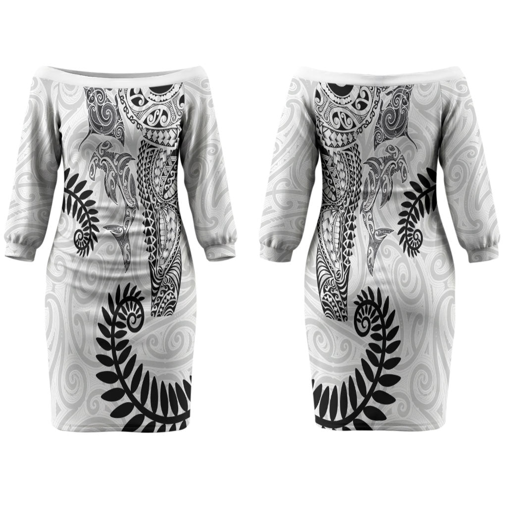 Aotearoa Maori Sea Animals Tribal Couples Matching Off The Shoulder Long Sleeve Dress and Hawaiian Shirt Manta Ray and Shark Moko Pattern White Color LT03 - Polynesian Pride