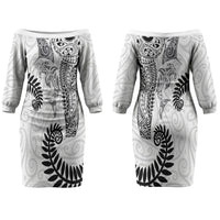 Aotearoa Maori Sea Animals Tribal Couples Matching Off The Shoulder Long Sleeve Dress and Hawaiian Shirt Manta Ray and Shark Moko Pattern White Color LT03 - Polynesian Pride