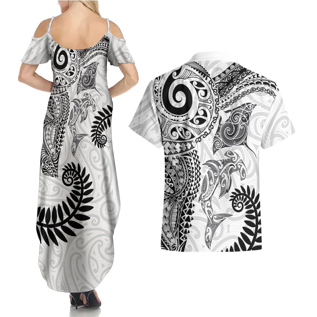 Aotearoa Maori Sea Animals Tribal Couples Matching Summer Maxi Dress and Hawaiian Shirt Manta Ray and Shark Moko Pattern White Color
