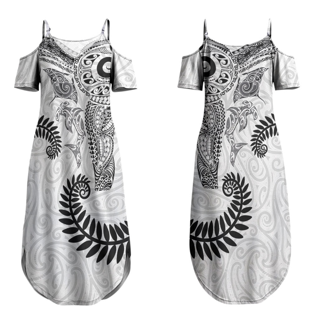 Aotearoa Maori Sea Animals Tribal Couples Matching Summer Maxi Dress and Hawaiian Shirt Manta Ray and Shark Moko Pattern White Color LT03 - Polynesian Pride