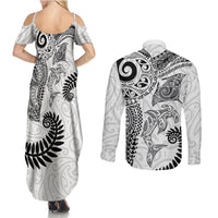 Aotearoa Maori Sea Animals Tribal Couples Matching Summer Maxi Dress and Long Sleeve Button Shirt Manta Ray and Shark Moko Pattern White Color