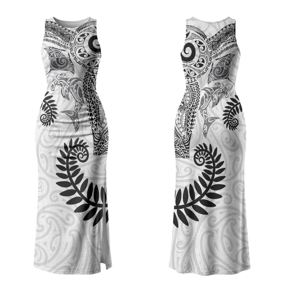 Aotearoa Maori Sea Animals Tribal Couples Matching Tank Maxi Dress and Long Sleeve Button Shirt Manta Ray and Shark Moko Pattern White Color LT03 - Polynesian Pride