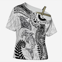 Aotearoa Maori Sea Animals Tribal Cross Shoulder Shirt Manta Ray and Shark Moko Pattern White Color