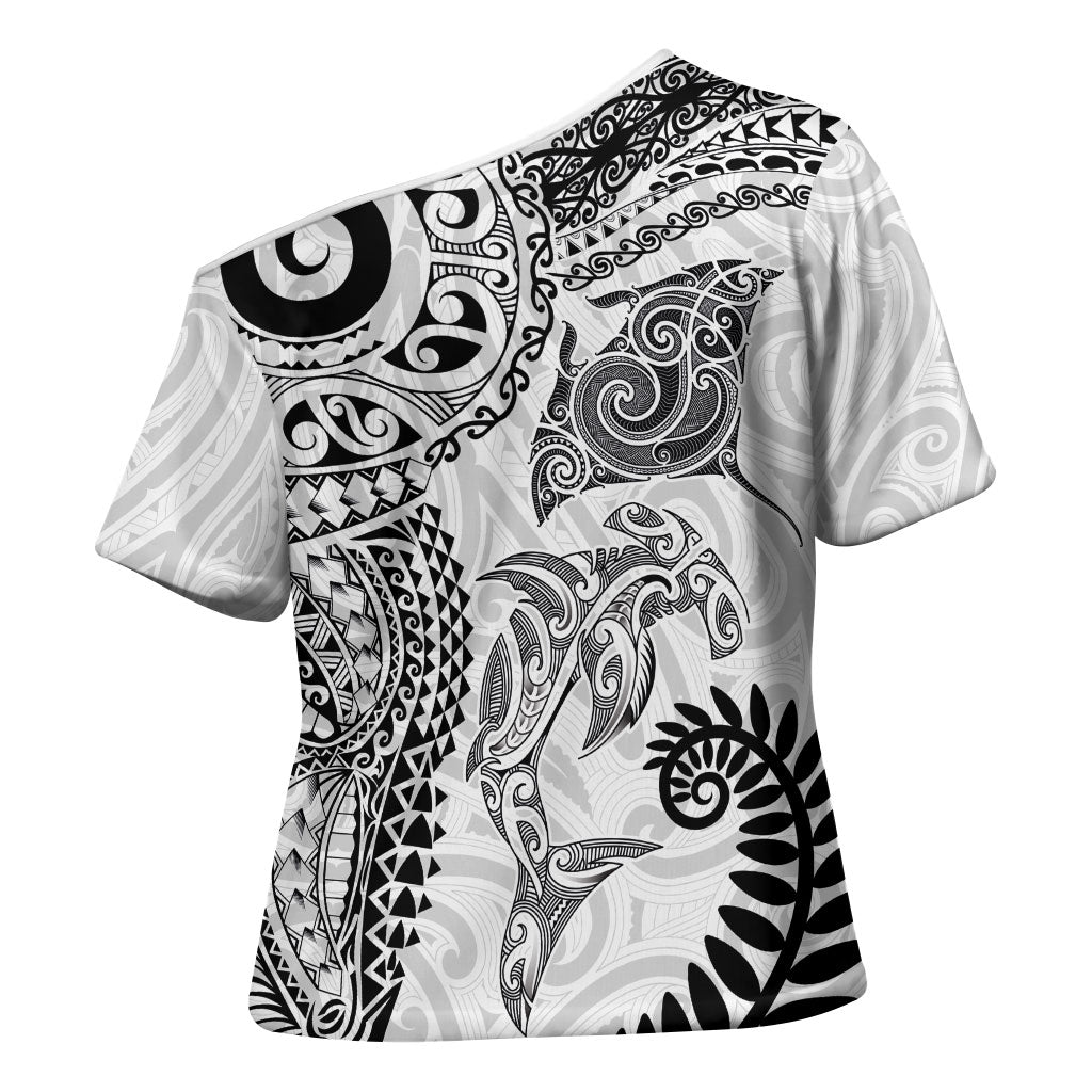 Aotearoa Maori Sea Animals Tribal Cross Shoulder Shirt Manta Ray and Shark Moko Pattern White Color