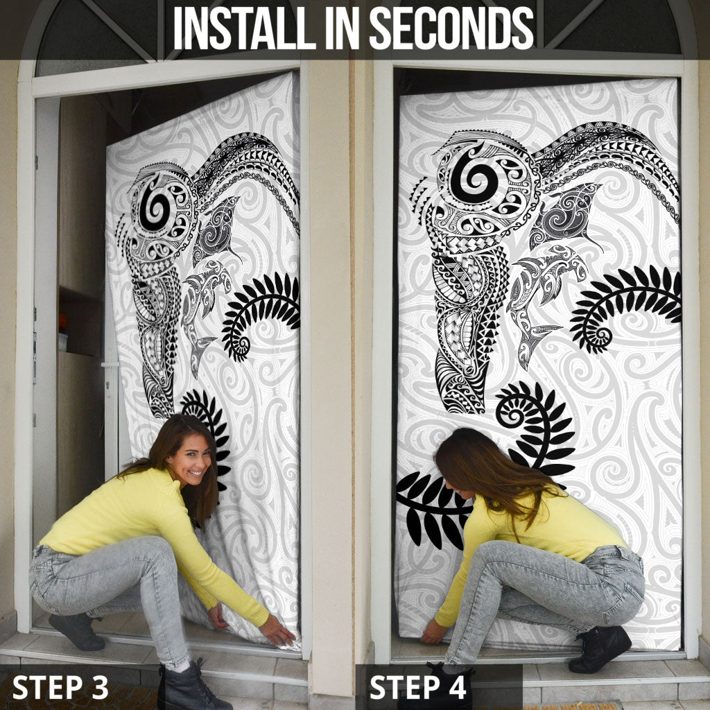 Aotearoa Maori Sea Animals Tribal Door Cover Manta Ray and Shark Moko Pattern White Color