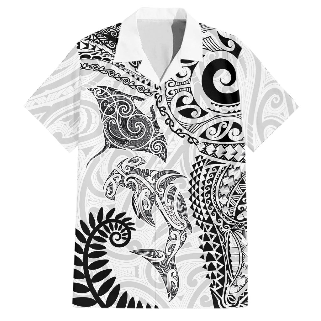 Aotearoa Maori Sea Animals Tribal Family Matching Long Sleeve Bodycon Dress and Hawaiian Shirt Manta Ray and Shark Moko Pattern White Color