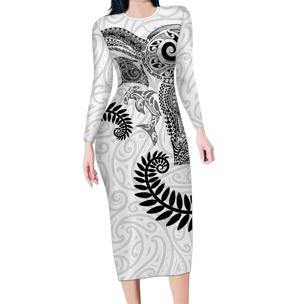 Aotearoa Maori Sea Animals Tribal Family Matching Long Sleeve Bodycon Dress and Hawaiian Shirt Manta Ray and Shark Moko Pattern White Color