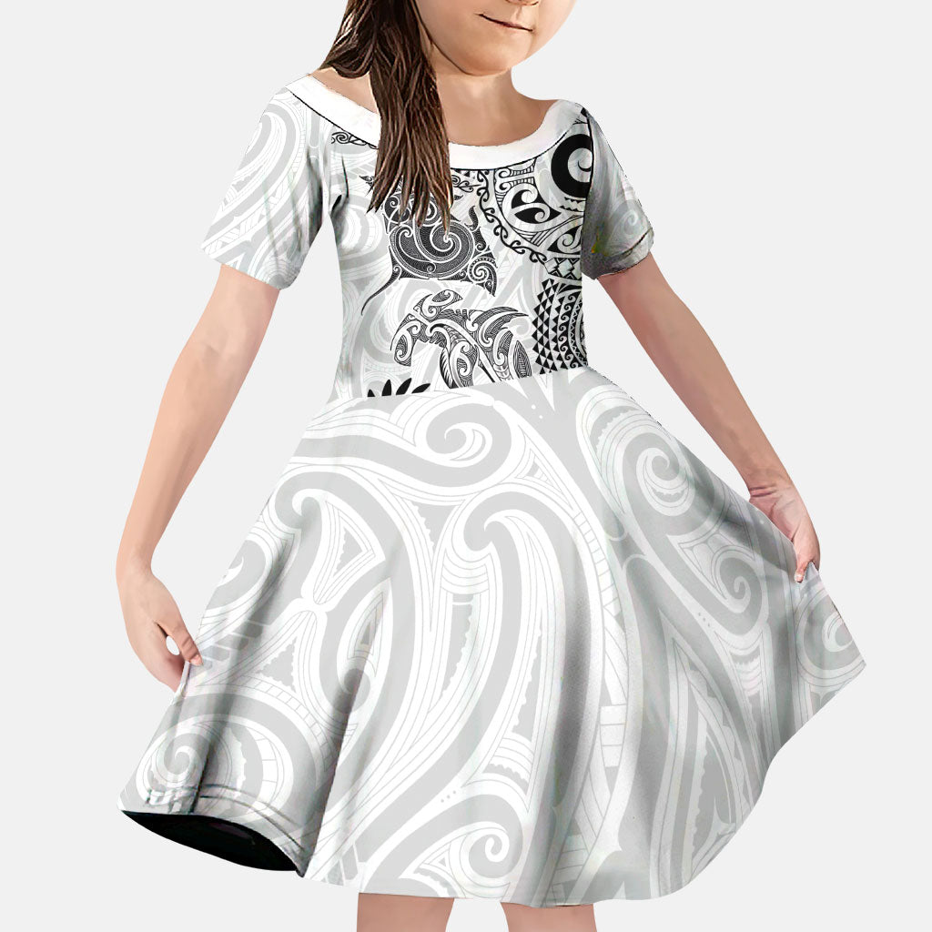 Aotearoa Maori Sea Animals Tribal Family Matching Mermaid Dress and Hawaiian Shirt Manta Ray and Shark Moko Pattern White Color