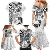 Aotearoa Maori Sea Animals Tribal Family Matching Mermaid Dress and Hawaiian Shirt Manta Ray and Shark Moko Pattern White Color