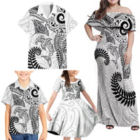 Aotearoa Maori Sea Animals Tribal Family Matching Off Shoulder Maxi Dress and Hawaiian Shirt Manta Ray and Shark Moko Pattern White Color