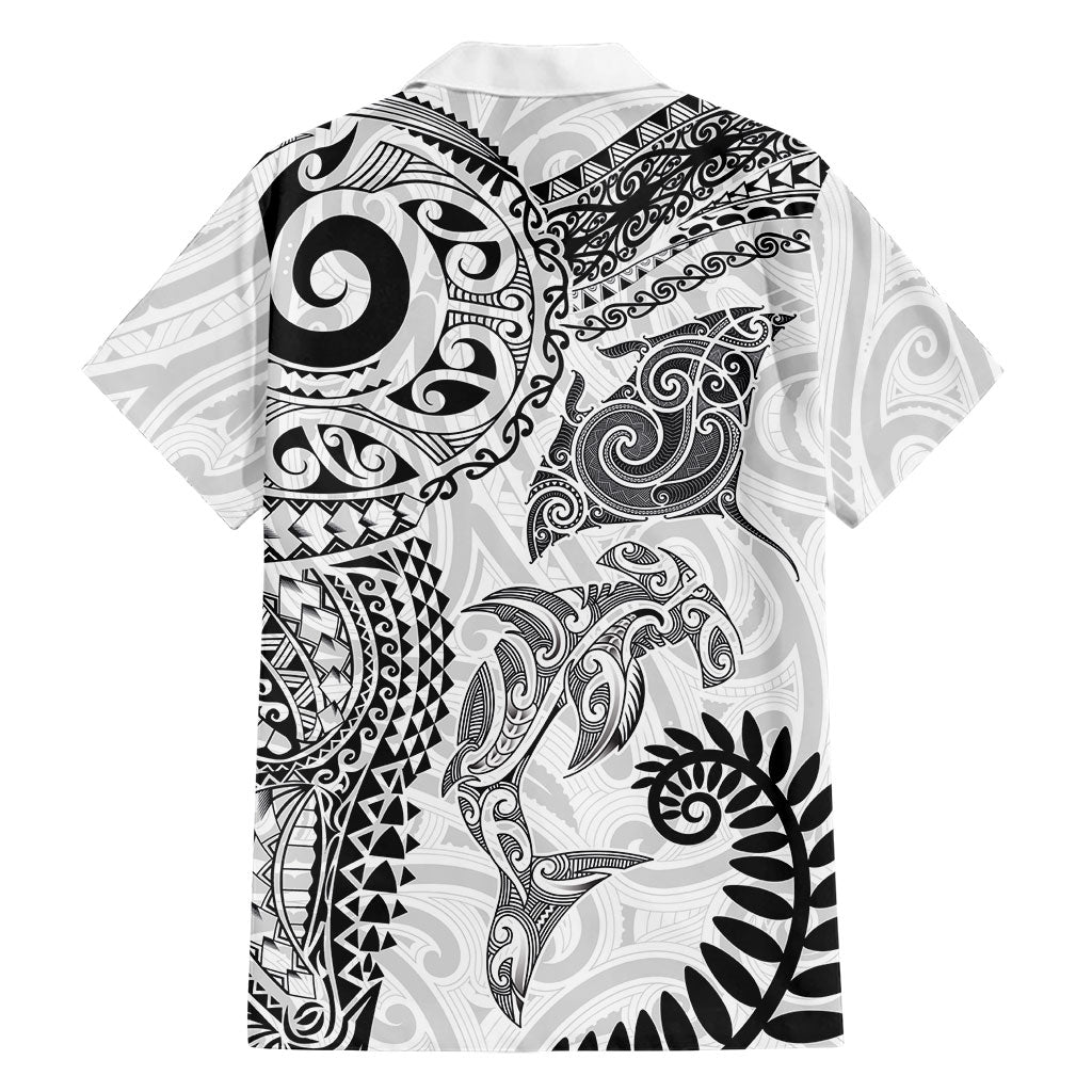 Aotearoa Maori Sea Animals Tribal Family Matching Off Shoulder Maxi Dress and Hawaiian Shirt Manta Ray and Shark Moko Pattern White Color