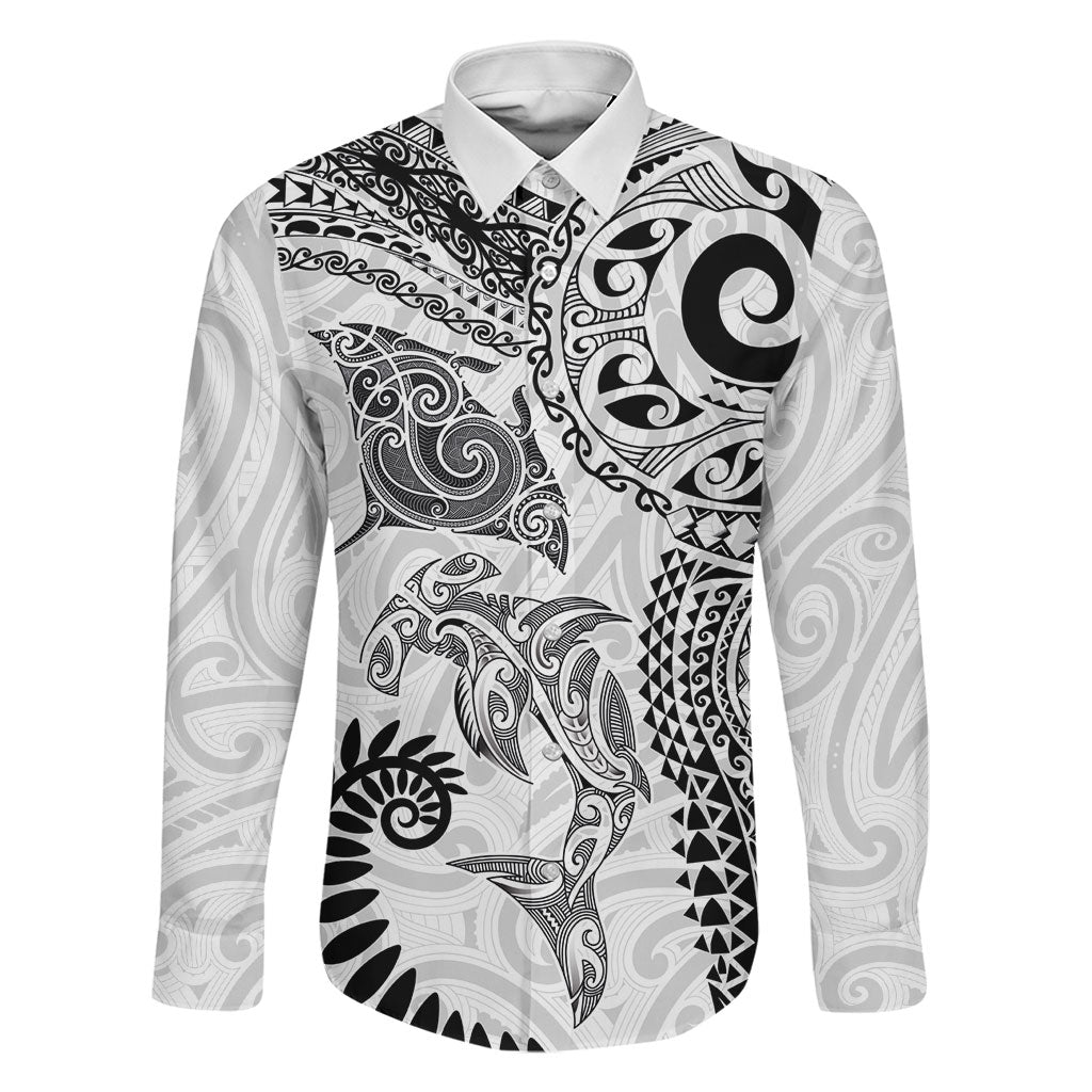 Aotearoa Maori Sea Animals Tribal Family Matching Off Shoulder Maxi Dress and Hawaiian Shirt Manta Ray and Shark Moko Pattern White Color