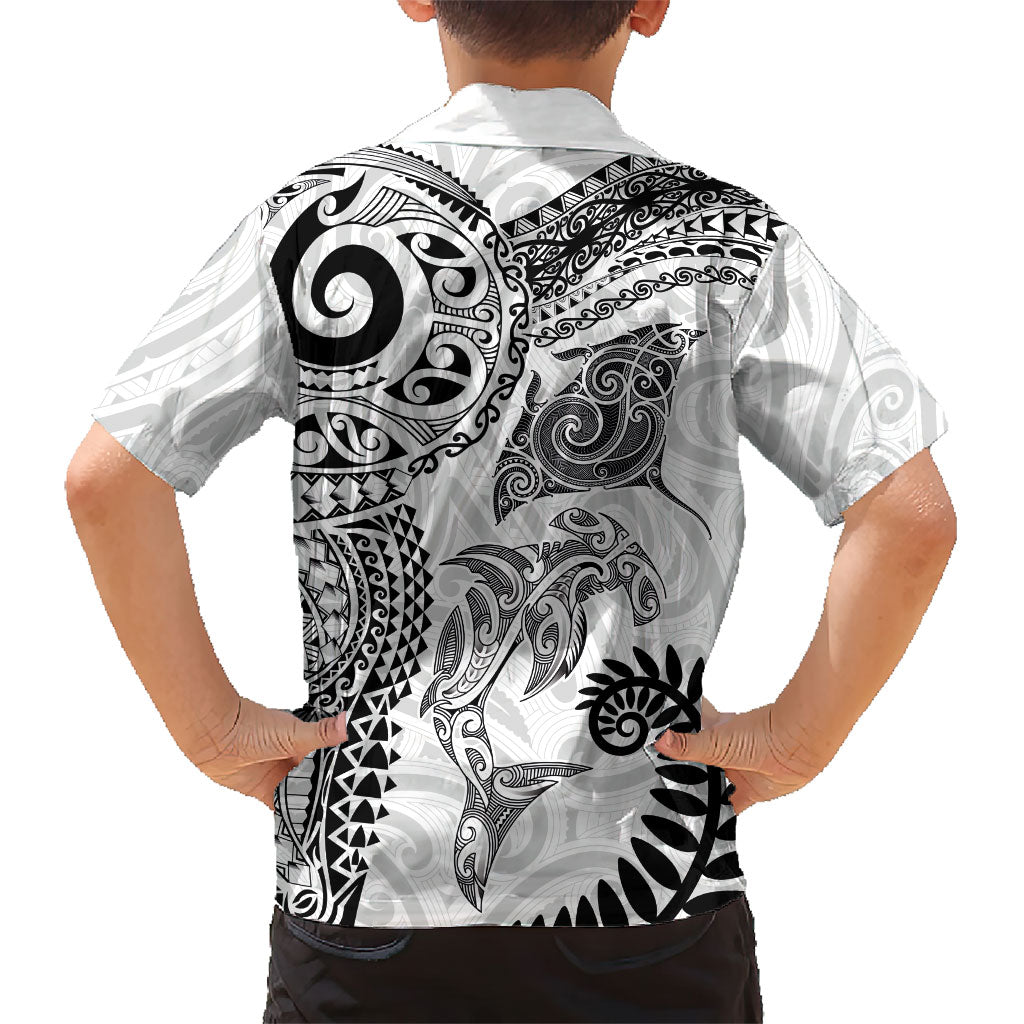 Aotearoa Maori Sea Animals Tribal Family Matching Off Shoulder Short Dress and Hawaiian Shirt Manta Ray and Shark Moko Pattern White Color