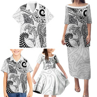 Aotearoa Maori Sea Animals Tribal Family Matching Puletasi and Hawaiian Shirt Manta Ray and Shark Moko Pattern White Color