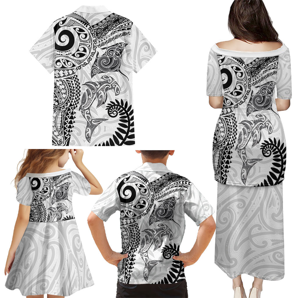 Aotearoa Maori Sea Animals Tribal Family Matching Puletasi and Hawaiian Shirt Manta Ray and Shark Moko Pattern White Color