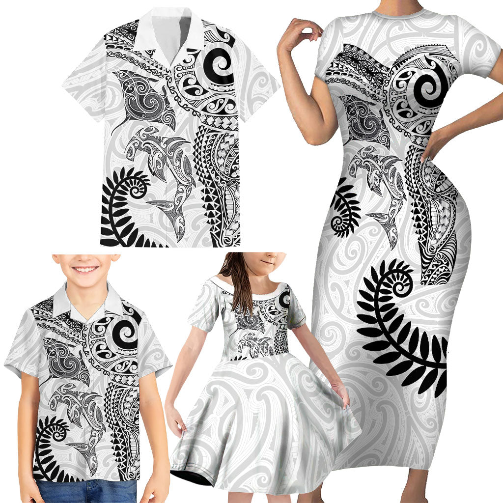 Aotearoa Maori Sea Animals Tribal Family Matching Short Sleeve Bodycon Dress and Hawaiian Shirt Manta Ray and Shark Moko Pattern White Color