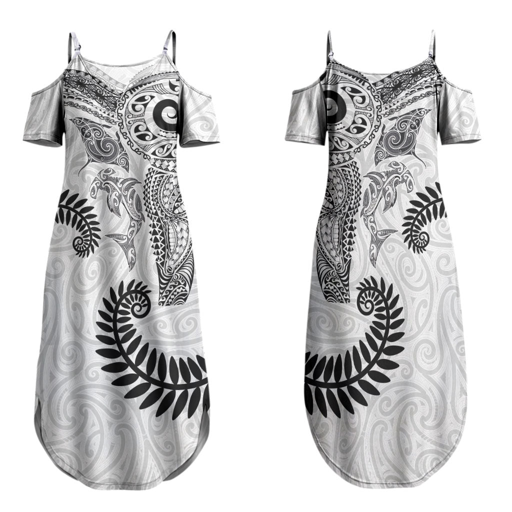 Aotearoa Maori Sea Animals Tribal Family Matching Summer Maxi Dress and Hawaiian Shirt Manta Ray and Shark Moko Pattern White Color LT03 Mom's Dress White - Polynesian Pride