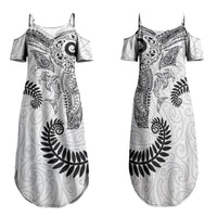 Aotearoa Maori Sea Animals Tribal Family Matching Summer Maxi Dress and Hawaiian Shirt Manta Ray and Shark Moko Pattern White Color LT03 Mom's Dress White - Polynesian Pride