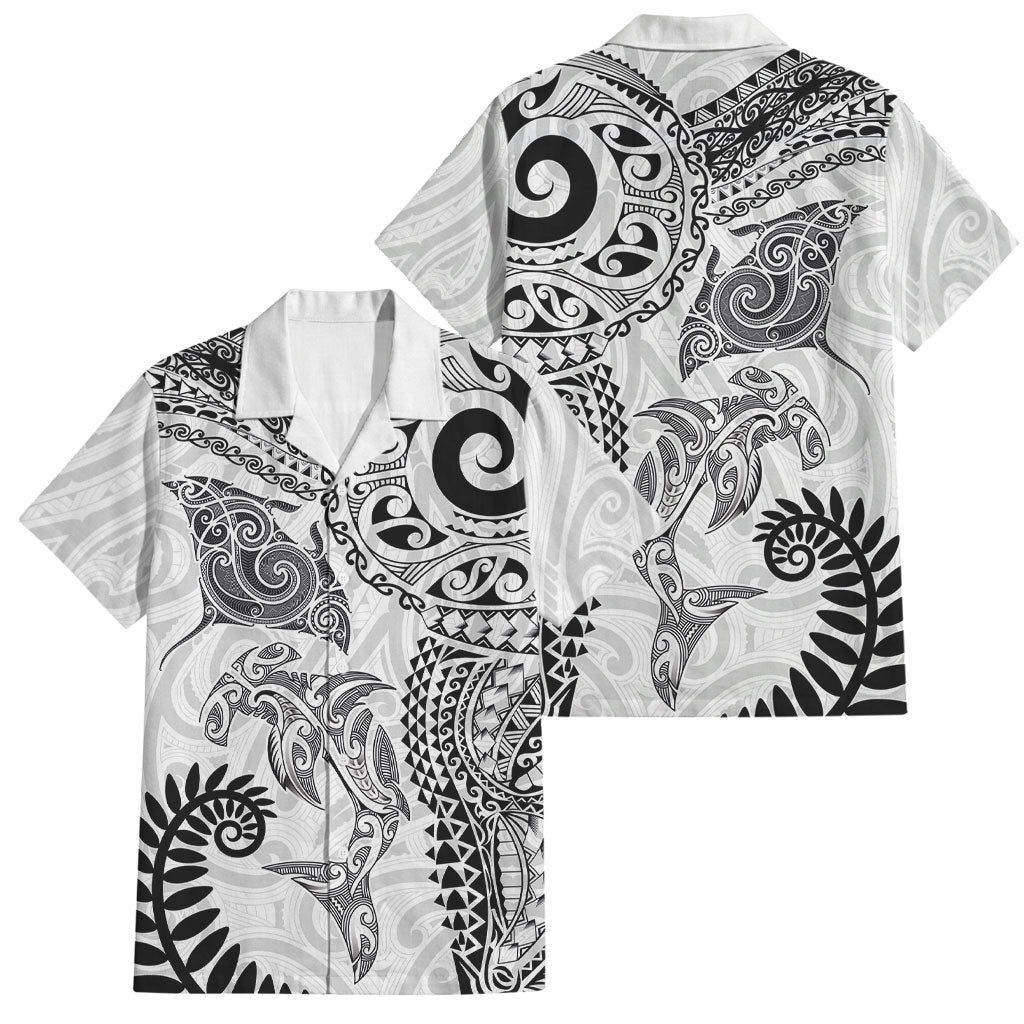 Aotearoa Maori Sea Animals Tribal Family Matching Summer Maxi Dress and Hawaiian Shirt Manta Ray and Shark Moko Pattern White Color LT03 Dad's Shirt - Short Sleeve White - Polynesian Pride