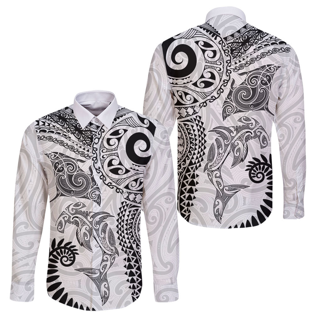 Aotearoa Maori Sea Animals Tribal Family Matching Summer Maxi Dress and Hawaiian Shirt Manta Ray and Shark Moko Pattern White Color LT03 Dad's Shirt - Long Sleeve White - Polynesian Pride