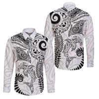 Aotearoa Maori Sea Animals Tribal Family Matching Summer Maxi Dress and Hawaiian Shirt Manta Ray and Shark Moko Pattern White Color LT03 Dad's Shirt - Long Sleeve White - Polynesian Pride
