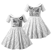 Aotearoa Maori Sea Animals Tribal Family Matching Summer Maxi Dress and Hawaiian Shirt Manta Ray and Shark Moko Pattern White Color LT03 Daughter's Dress White - Polynesian Pride