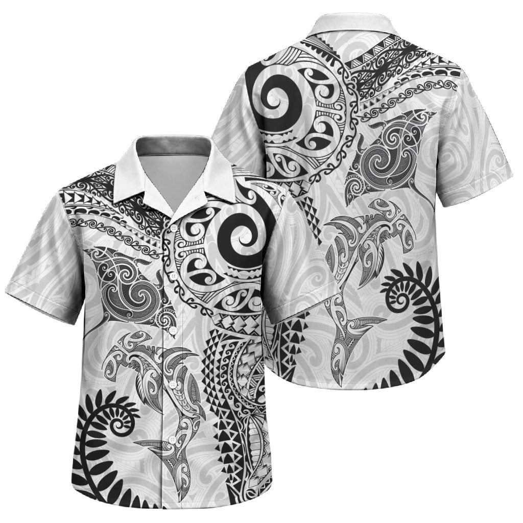 Aotearoa Maori Sea Animals Tribal Family Matching Summer Maxi Dress and Hawaiian Shirt Manta Ray and Shark Moko Pattern White Color LT03 Son's Shirt White - Polynesian Pride
