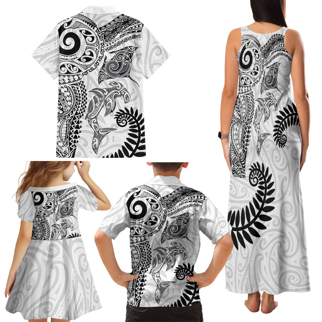 Aotearoa Maori Sea Animals Tribal Family Matching Tank Maxi Dress and Hawaiian Shirt Manta Ray and Shark Moko Pattern White Color