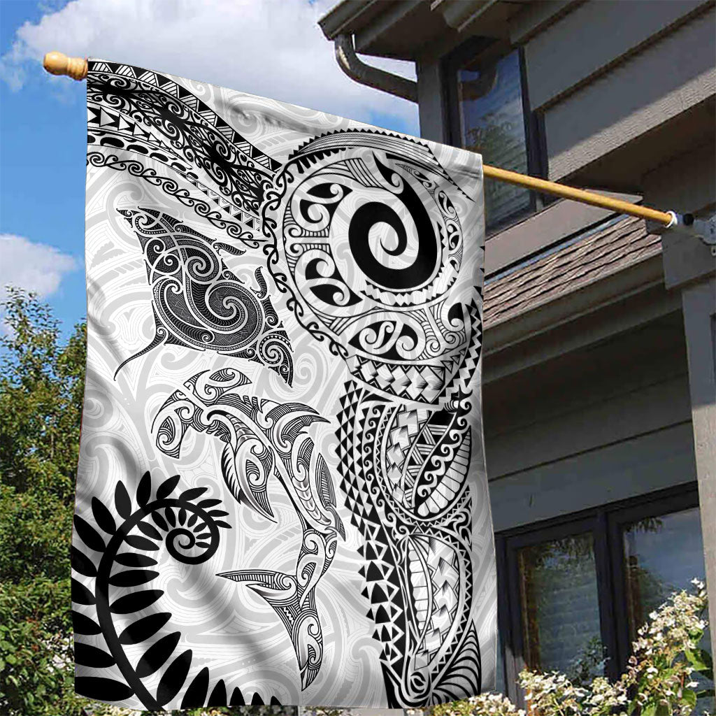 Aotearoa Maori Sea Animals Tribal Garden Flag Manta Ray and Shark Moko Pattern White Color