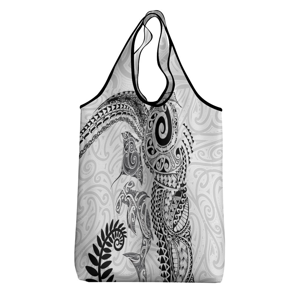 Aotearoa Maori Sea Animals Tribal Grocery Bag Manta Ray and Shark Moko Pattern White Color