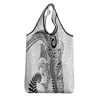 Aotearoa Maori Sea Animals Tribal Grocery Bag Manta Ray and Shark Moko Pattern White Color