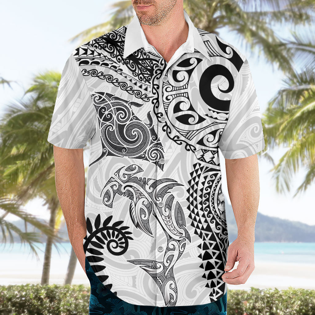 Aotearoa Maori Sea Animals Tribal Hawaiian Shirt Manta Ray and Shark Moko Pattern White Color