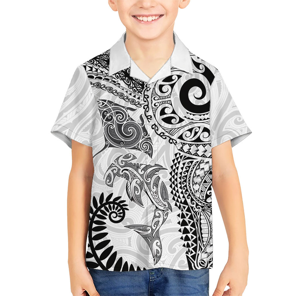 Aotearoa Maori Sea Animals Tribal Hawaiian Shirt Manta Ray and Shark Moko Pattern White Color