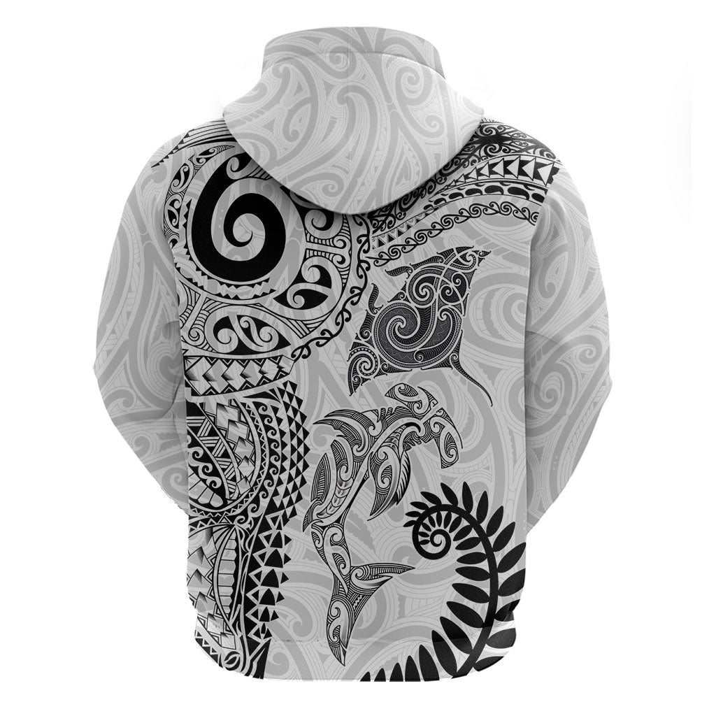 Aotearoa Maori Sea Animals Tribal Hoodie Manta Ray and Shark Moko Pattern White Color LT03 - Polynesian Pride