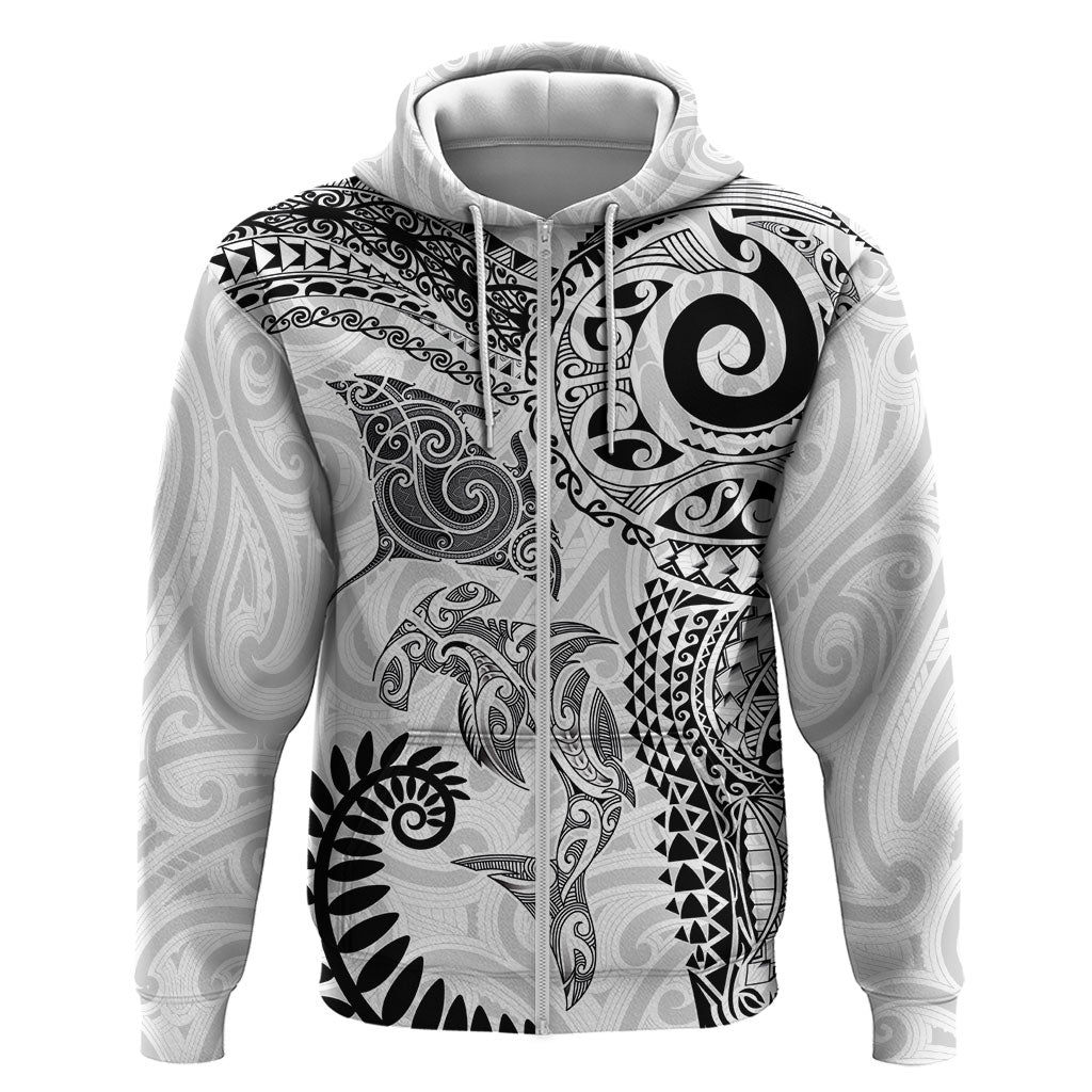 Aotearoa Maori Sea Animals Tribal Hoodie Manta Ray and Shark Moko Pattern White Color LT03 Zip Hoodie White - Polynesian Pride