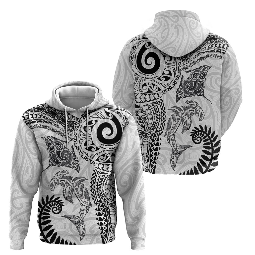Aotearoa Maori Sea Animals Tribal Hoodie Manta Ray and Shark Moko Pattern White Color LT03 - Polynesian Pride