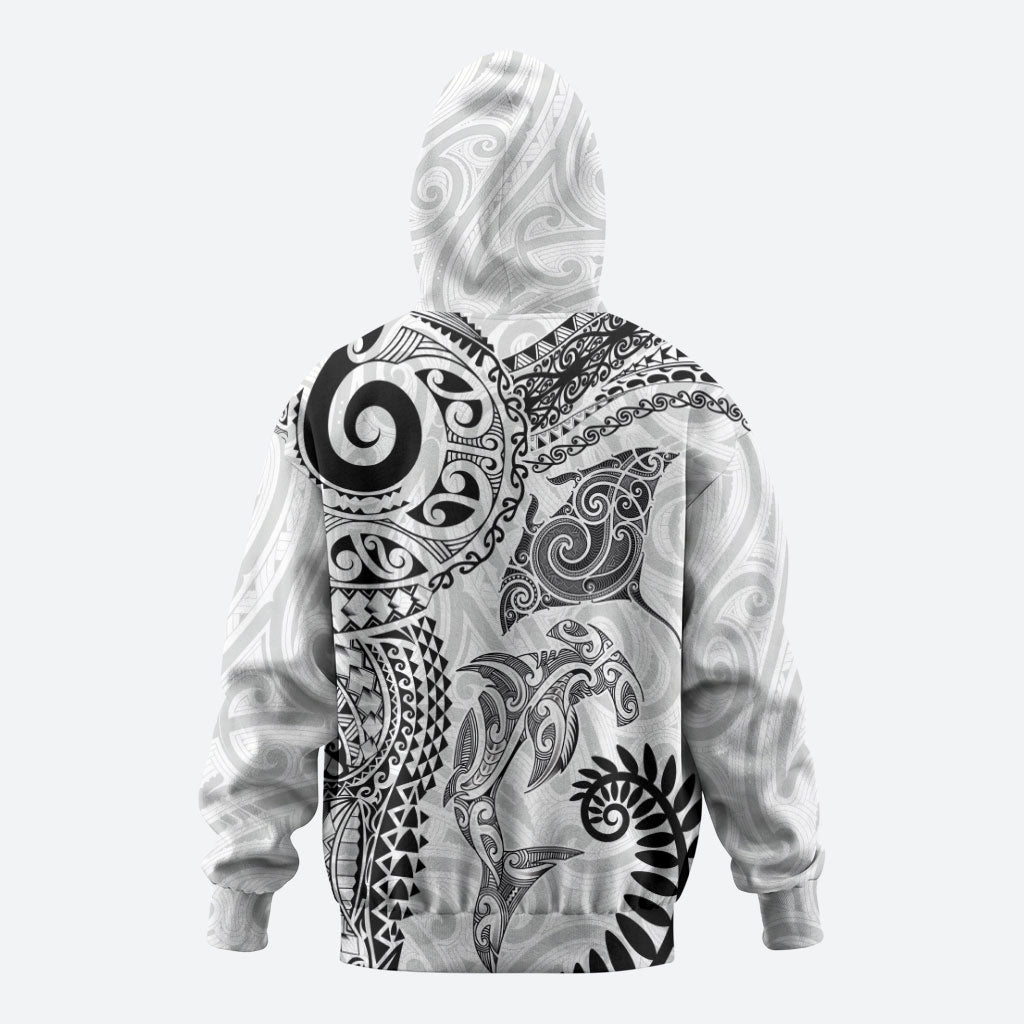 Aotearoa Maori Sea Animals Tribal Hoodie Manta Ray and Shark Moko Pattern White Color LT03 - Polynesian Pride