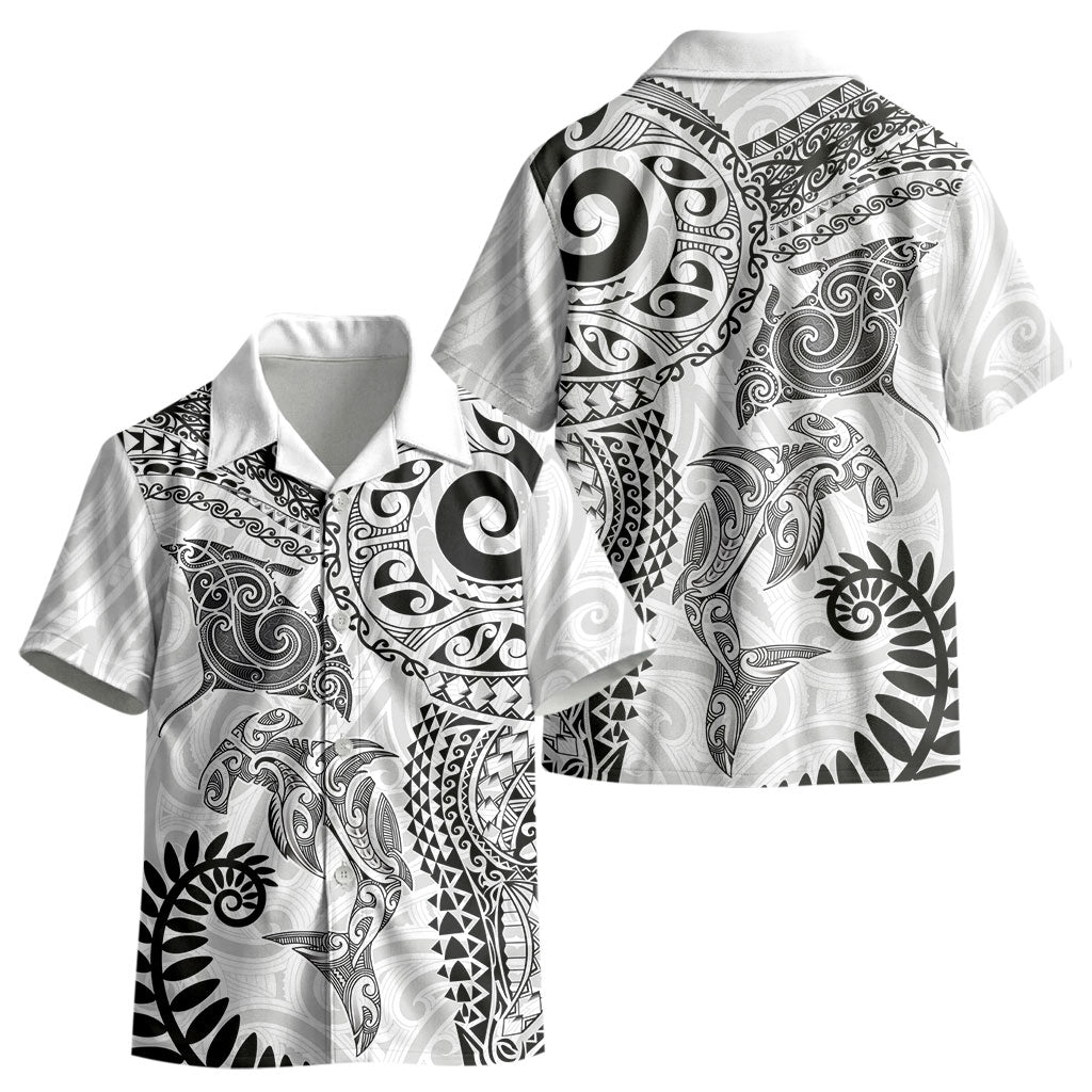 Aotearoa Maori Sea Animals Tribal Kid Hawaiian Shirt Manta Ray and Shark Moko Pattern White Color LT03 - Polynesian Pride